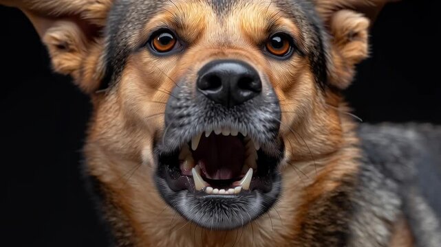 A dog with its mouth open and teeth showing. The dog appears to be angry or aggressive. Concept of tension and unease