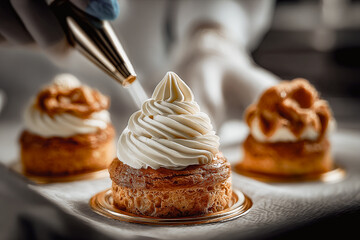 Chef Decorating Exquisite Pastries with Fresh Cream in a Professional Kitchen. A skilled chef expertly decorates delicious pastries with fresh, creamy frosting, creating a visual delight.