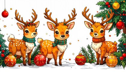 Web banner illustration of reindeer and Christmas decorations on a white background