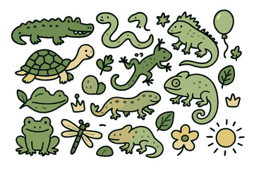 Fototapeta premium Reptile Doodle Icons. Reptiles doodle icon set: hand drawn icons of crocodile, snake, lizard, turtle, gecko, iguana, chameleon,