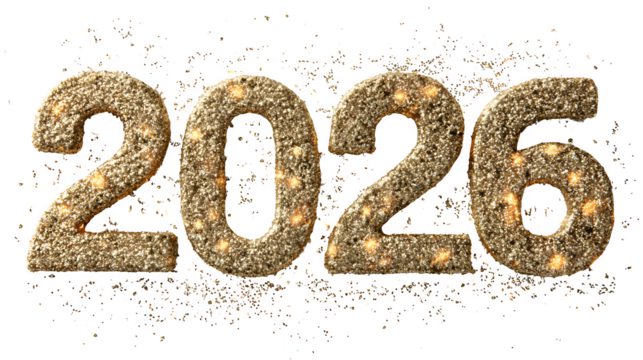 Minimalist Happy New Year 2026 typography crafted from shimmering metallic ribbons forming elegant curves, with subtle golden dust and soft highlights, isolated on white background