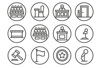 Courtroom Layout Icons. Line style round icons of courtroom layout: jury box, witness stand, judge bench, defense table;