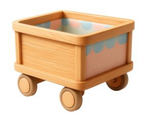 Wooden toy basket on wheels, perfect for a child's play area to easily transport toys.