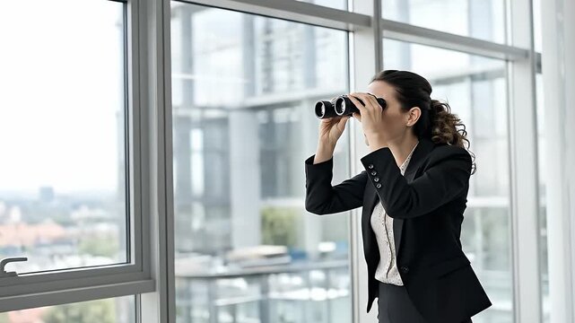 Visionary Perspective: A woman in professional attire gazes through binoculars, capturing her strategic foresight and ambition, peering at the vast opportunities.