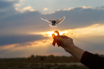 Hope and freedom at sunset with a red ribbon and dove.