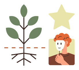 Plant with roots and leaves represents growth, paired with a person removing a mask symbolizing self-discovery. Ideal for personal growth, identity, authenticity, psychology, development