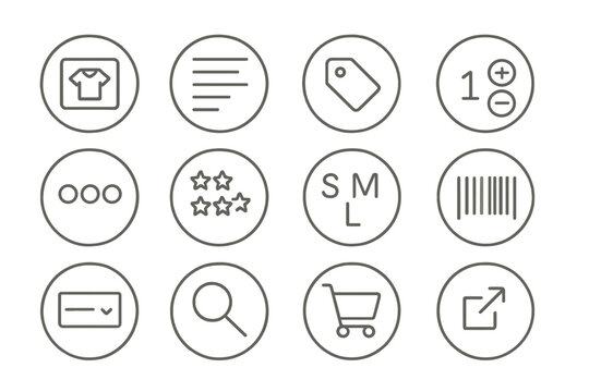 E-commerce Icon Set. Line style round icons of online product listings: product image, item description, price tag, stock counter;