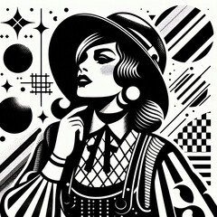 fashion model in retro style, fashion model in retro style dress, retro woman with retro hairstyle, retro woman with retro style, retro girl with retro style, girl in a hat, girl in a black dress