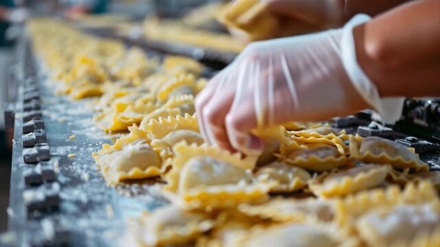 In a bustling factory, workers are busy preparing fresh pasta. The conveyor belt is filled with ravioli ready for packaging. Flour dusts the surface as the production continues