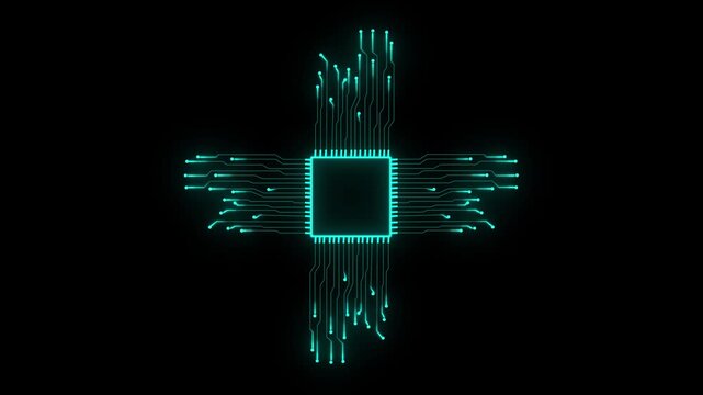 animation shows the process of turning on the CPU in the motherboard. 4K CPU chip set and electric circuit with data transfer moving on black background,artificial intelligence activation .