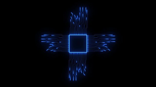 animation shows the process of turning on the CPU in the motherboard. 4K CPU chip set and electric circuit with data transfer moving on black background,artificial intelligence activation .
