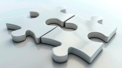 Interlocking white puzzle pieces in a minimalist 3d composition representing unity and connection