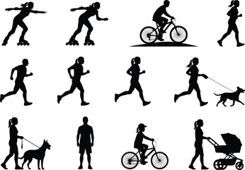 Silhouettes of people doing outdoor activities, jogging, biking, roller skating, dog walking, flat vector, isolated