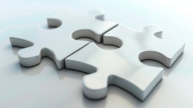 Interlocking white puzzle pieces in a minimalist 3d composition representing unity and connection