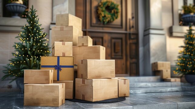 Concept of online delivery service featuring cardboard packages at the doorstep with open entrance