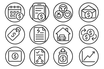 Budgeting Basics Icons. Line style round icons of budgeting basics: calendar with dollar, expense tracker, category icon, envelope
