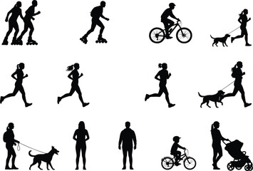 Silhouettes of people doing outdoor activities, jogging, biking, rollerblading, dog walking, flat vector, isolated