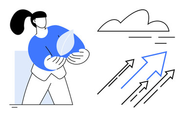 Woman holding a leaf symbolizing eco-consciousness, arrows rising towards cloud representing growth, progress, and sustainability. Ideal for business growth, success, ecology, innovation, progress