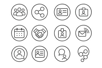 Networking Icons Collection. Line style round icons of networking and connection: group icon, linked circles, business card,