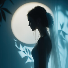 Moonlit Bridal Silhouette with Veil &ndash; Romantic Profile Against Nature-Inspired Shadows.
