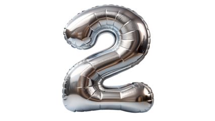 Shiny silver number two balloon isolated on transparent background for birthday party decoration