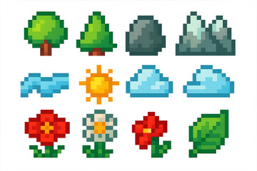 8-Bit Nature Icon Pack &ndash; Pixel Trees, Clouds, and Landscape Symbols