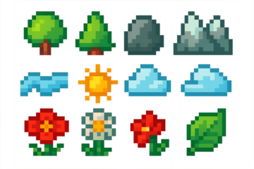 8-Bit Nature Icon Pack – Pixel Trees, Clouds, and Landscape Symbols