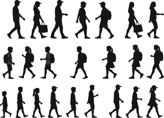 Silhouettes of people walking by age and attire, posture diversity, flat vector, isolated, cad drawing