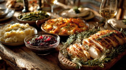 Delicious holiday dinner spread on a rustic table. Features roasted sliced turkey, mashed potatoes, cranberry sauce, and traditional festive side dishes, with wine.