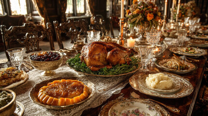 A grand table set with a roasted turkey, festive dishes, and elegant settings. Warm candlelight illuminates this luxurious holiday feast, creating an inviting, traditional atmosphere.