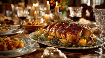 Delicious glazed holiday roast centerpiece beautifully presented on an elegant festive dinner table with lit candles and sparkling glassware, perfect for celebration.