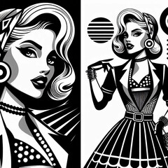 fashion model in retro style, fashion model in retro style dress, retro woman with retro hairstyle, retro woman with retro style, retro girl with retro style, girl in a hat, girl in a black dress