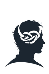 Silhouette of a man with a knot inside his head, symbolizing mental health, stress, confusion, and psychological struggle. Conceptual vector illustration of tangled thoughts.