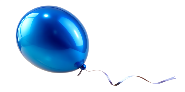 Shiny blue balloon with ribbon floating in the air isolated on transparent background