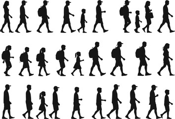 Silhouettes of people walking in varied postures, ages, and accessories, flat vector, isolated, cad drawing
