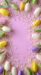 Obraz premium Colorful Tulips and Sprinkles Create a Festive Spring Display on a Pink Background