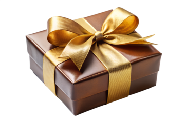 Brown gift box with golden ribbon isolated on transparent background, perfect for any celebration