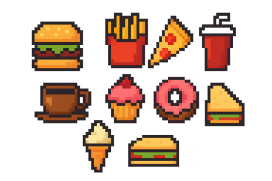 8-Bit Food and Drinks Icon Pack – Retro Pixel Snack Set