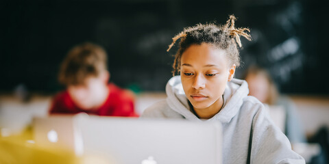 Diverse teenage student girls learning online on laptop computer, space for text, premium shot, high resolution, diversity, study, educated, classroom setting, university