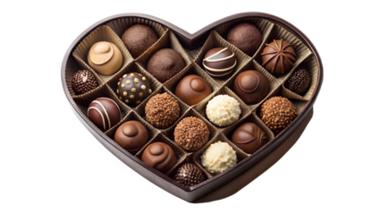 Heart shaped box of assorted gourmet chocolate truffles isolated on transparent background