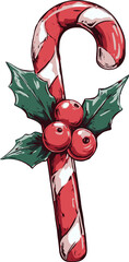 Christmas candy cane with holly berries on transparent background in sketch style.