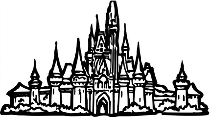 Stylized black and white illustration of a grand fairytale castle with multiple spires and towers