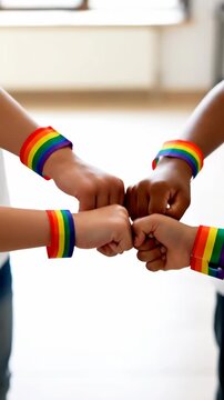 Diverse hands showing unity with rainbow bracelets. A powerful image of solidarity and pride. LGBTQ support, community, inclusion.