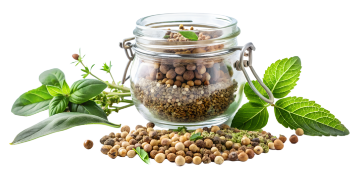 Aromatic peppercorn blend in a glass jar isolated on transparent background with fresh herbs