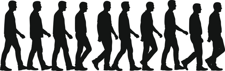 Silhouettes of person walking in motion sequence, side profile, flat vector, isolated, cad drawing