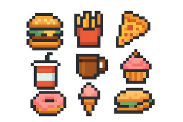 8-Bit Food and Drinks Icon Pack – Retro Pixel Snack Set