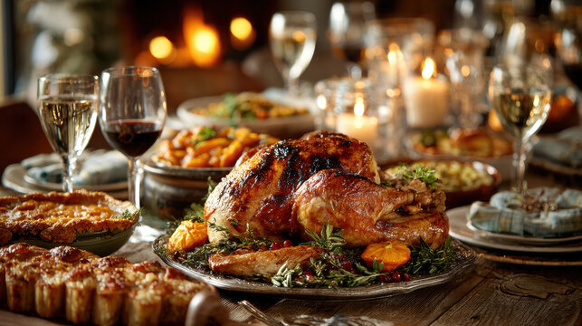 A succulent roasted turkey is the centerpiece of a festive holiday dinner table. Wine glasses, warm candlelight, and delicious side dishes create a cozy, celebratory atmosphere.