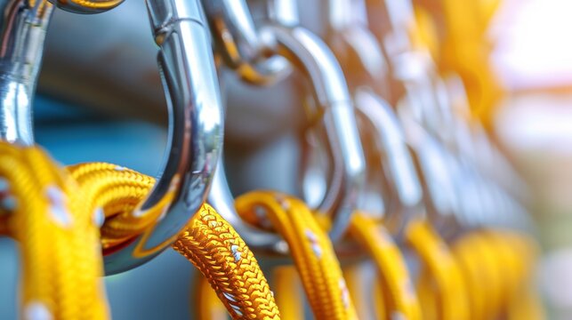 3d rendering of a steel carabiner hook and climbing rope  symbolizing reliability and support