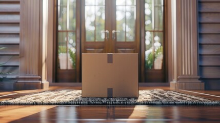 Online shopping delivery service  cardboard package arrives at your doorstep on a mat