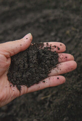 Man holding soil in his hands. Selective focus.